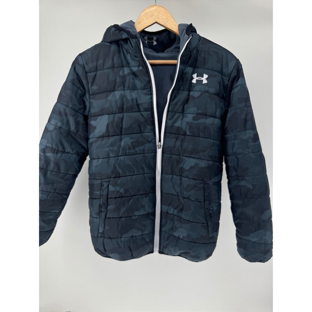 Under Armour Puffer Jacket Kids Large Blue Camo Storm Hooded Coat Reversable
